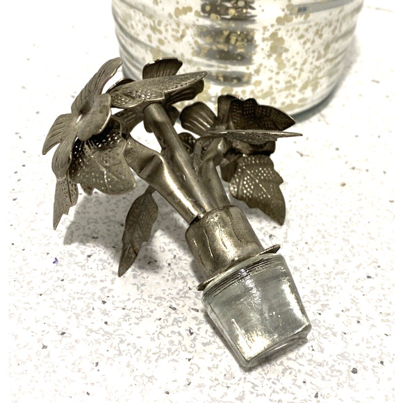 Vintage Mercury Glass Beehive Bottle with Ornate Floral Silvertone Metal Stopper - Picture 5 of 10